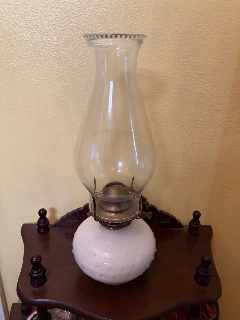 Vintage White Glass Oil Lamp with Clear Chimney - Lamplight